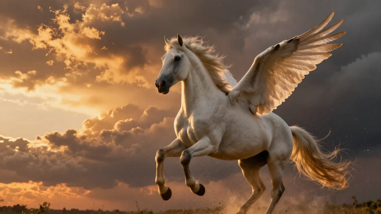 A pegasus galloping across storm clouds above a golden sunset