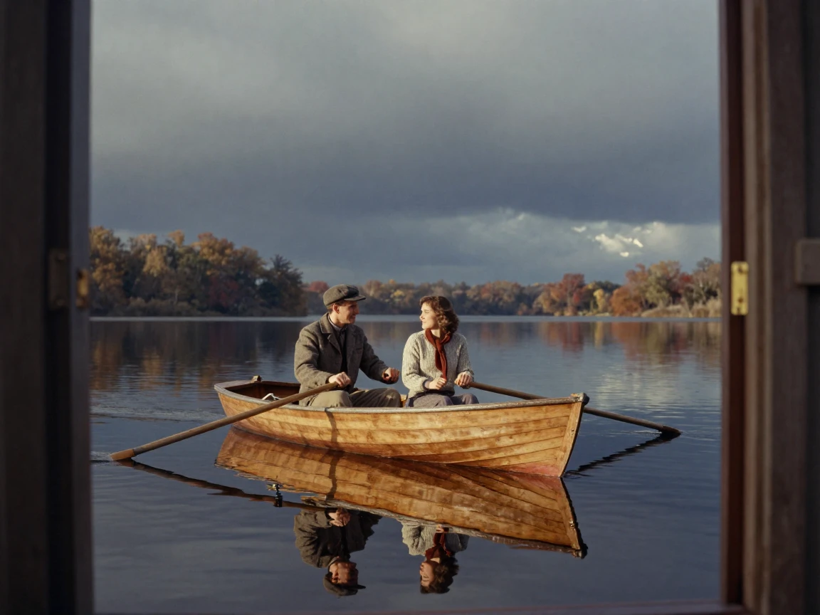 A couple rowing a small wooden boat across a still lake, in warm morning light, under a darkening storm sky, in late autumn, in cool blues and silvery greys, framed through an open doorway.