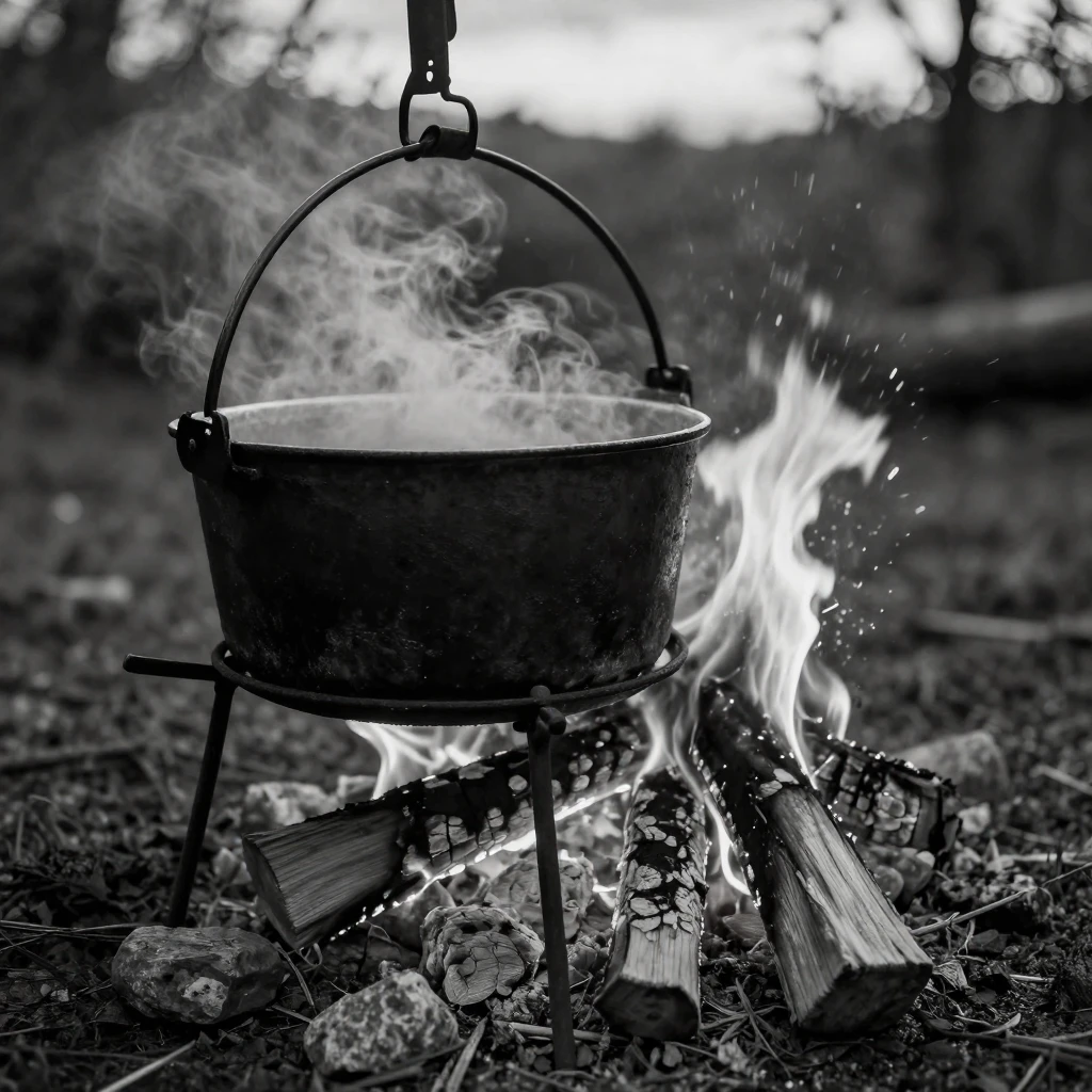 A simmering pot of stew bubbles gently over a low flame beside a crackling campfire.