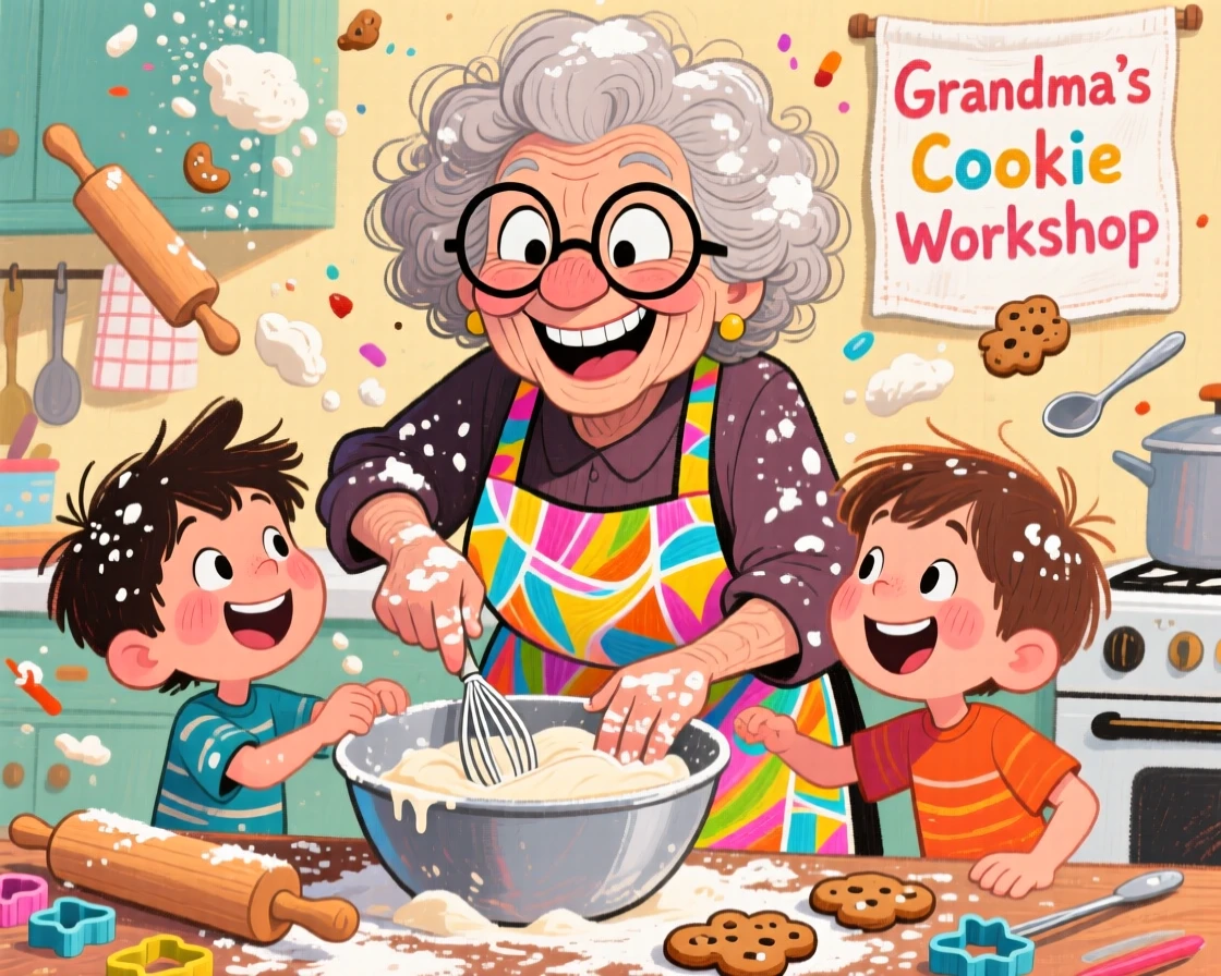 A grandmother teaching her grandchildren to bake cookies, flour dusted everywhere.