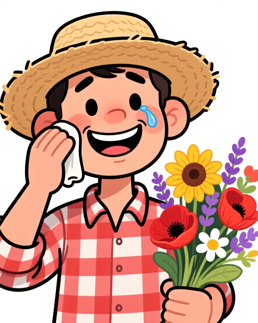 A charming portrait of a warm-hearted farmer, wiping away a happy tear while smiling, with a colorful bouquet of flowers nearby.
