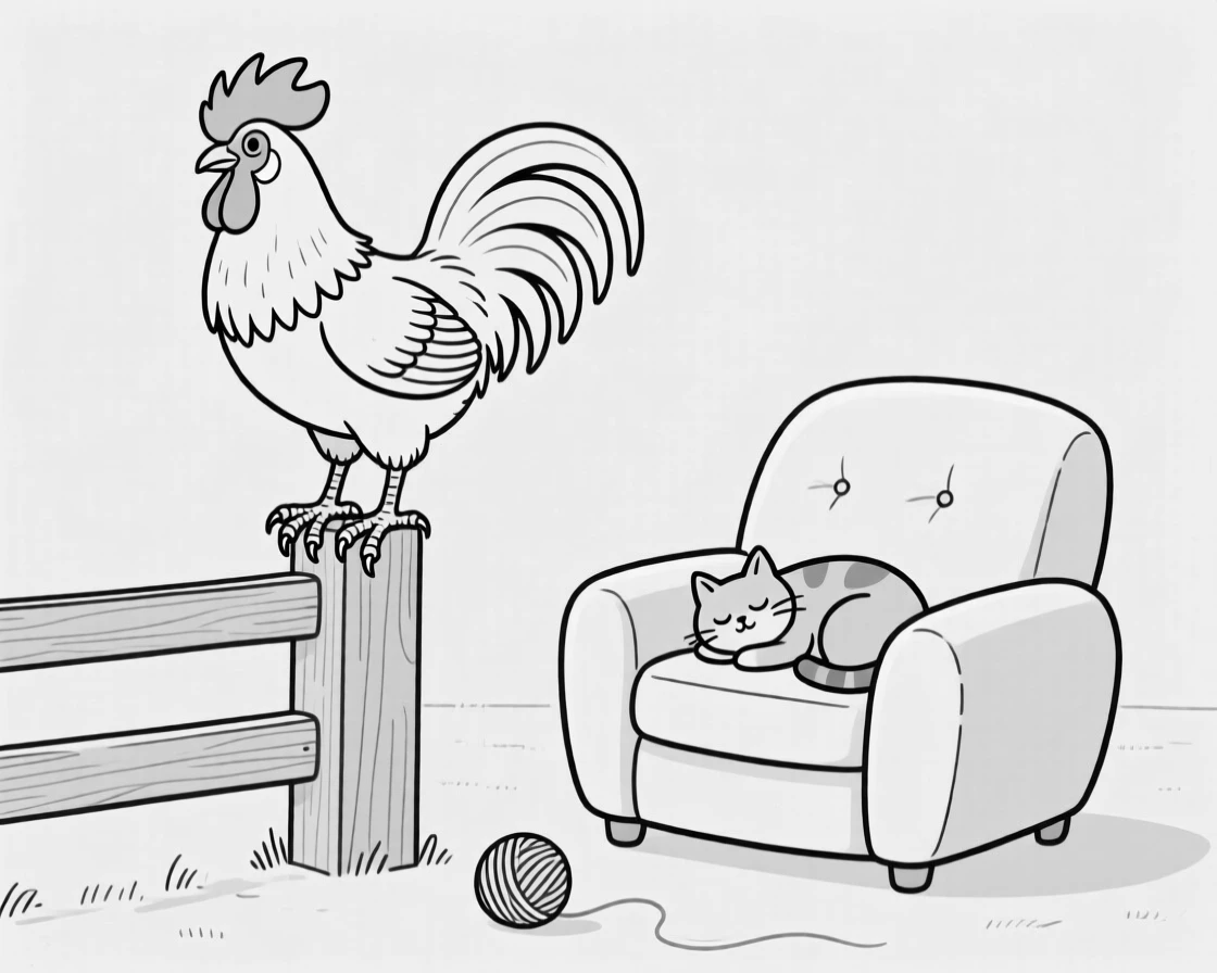 A proud rooster crowing atop a fence post, planting all four paws and refusing to budge, set curled up on a squishy armchair. A ball of yarn rolls slowly across the floor. It's an irresistibly charming slice of animal personality.