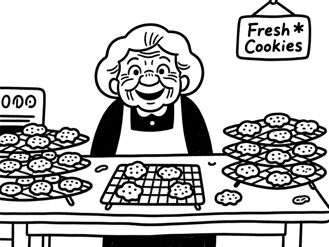 A grandmother's kitchen table piled high with fresh baked cookies cooling on racks.