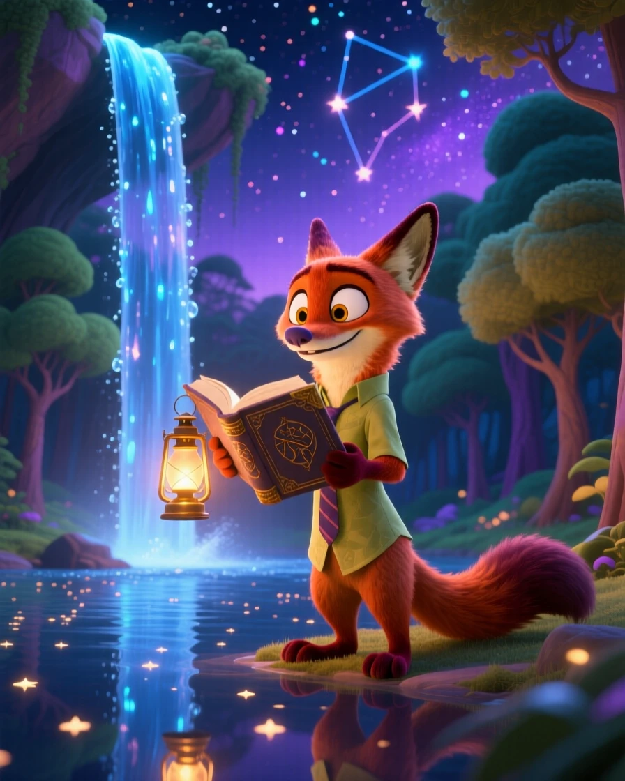 A talking fox with a lantern stands beside a waterfall that flows upward into the sky, reading from an ancient glowing book. A gentle sense of wonder radiates through the air, with stars reflected in a nearby pool of water.