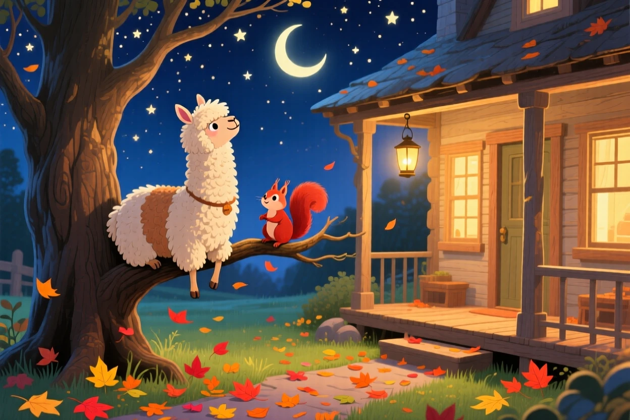 Near a cottage porch, a shaggy alpaca is watching the stars from a treetop alongside a small woodland friend, with a trail of fallen leaves swirling around.