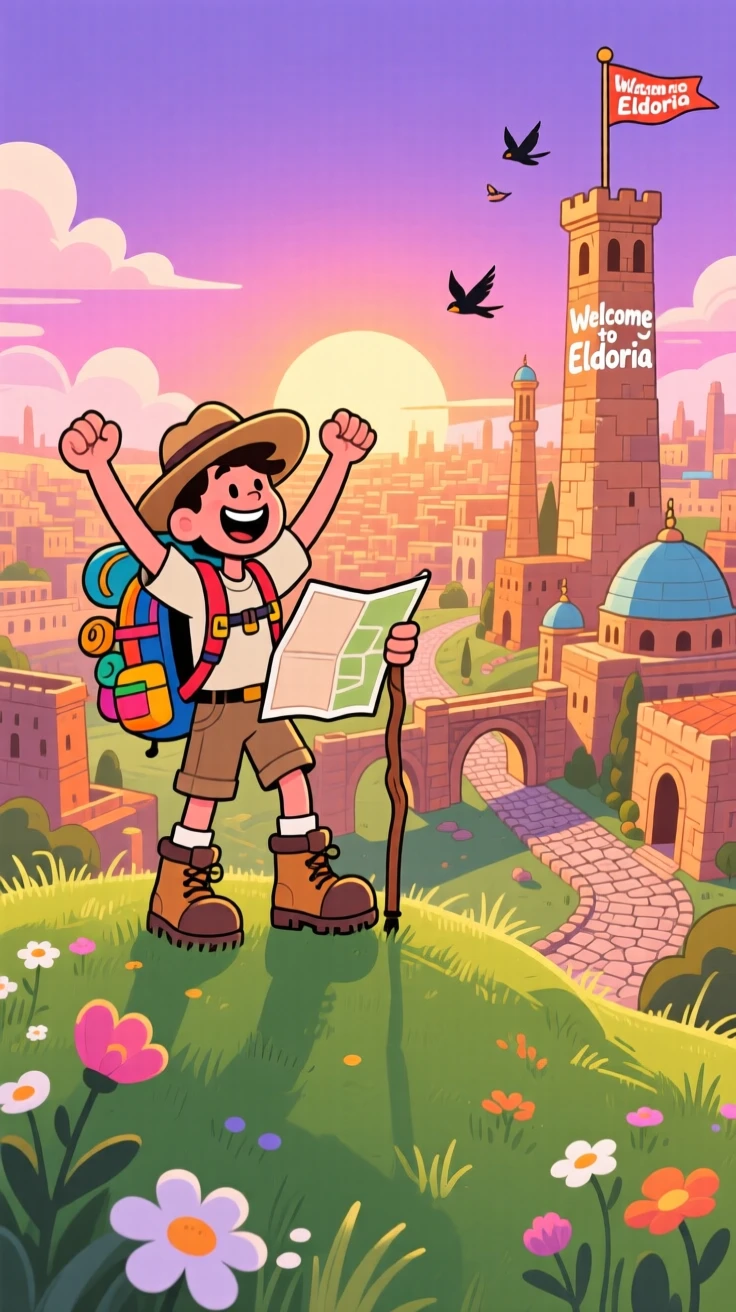 A traveler standing atop a hill overlooking an ancient city at sunrise.