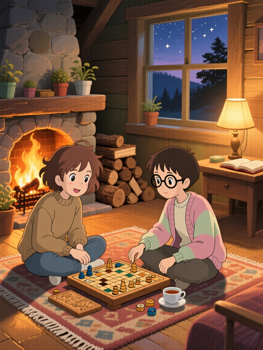 Two friends playing a board game on a rug by the fireplace, warm lamplight spilling across the room, the whole scene feeling quietly content.