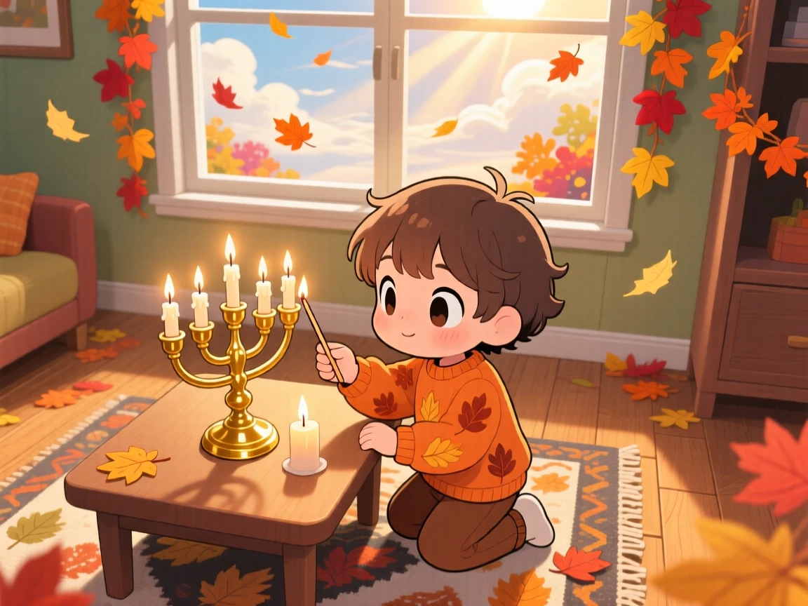 High aerial view: a small child, lighting a menorah candle with careful focus, set against a warmly decorated home with autumn leaves swirling around, with rays of sunrise breaking through clouds and a mood of brave confidence.