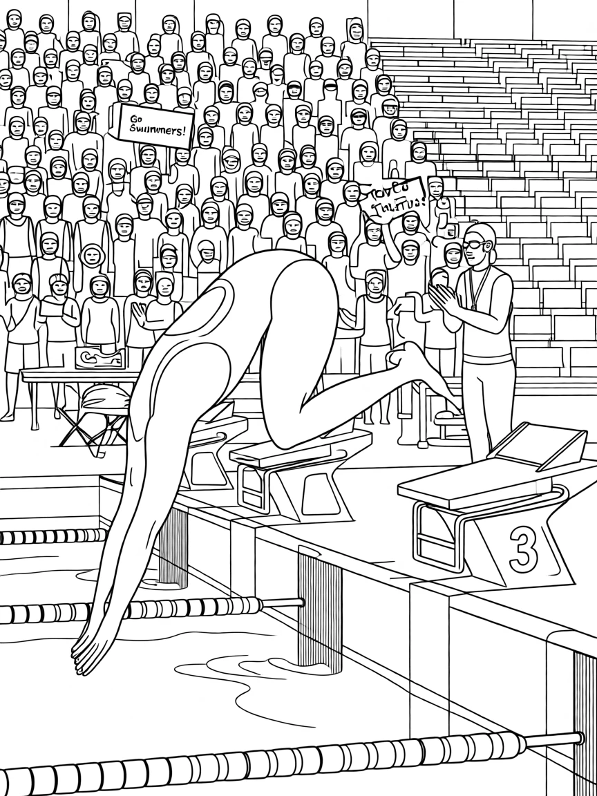 A swimmer diving off the starting block, with a stadium crowd cheering in the background.