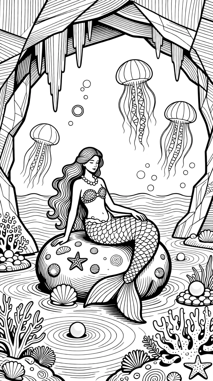 A mermaid's cave illuminated by glowing jellyfish and pearls.
