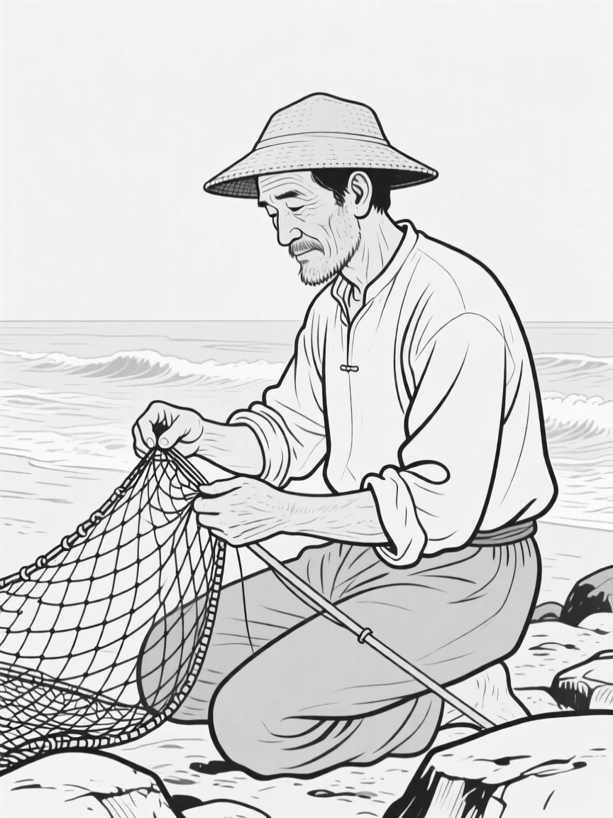 A portrait of a fisherman mending his nets by the shore