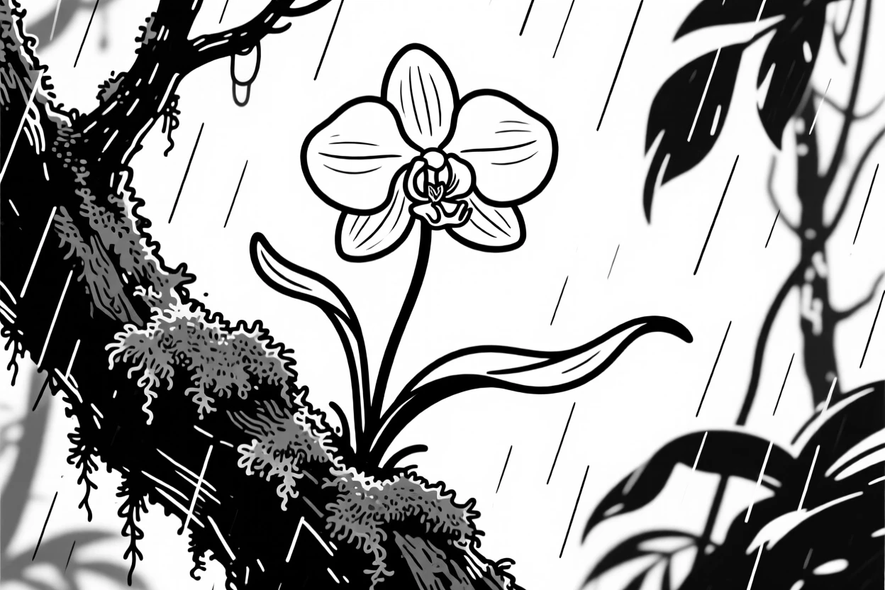 A delicate orchid growing from a mossy tree branch in a rainforest.