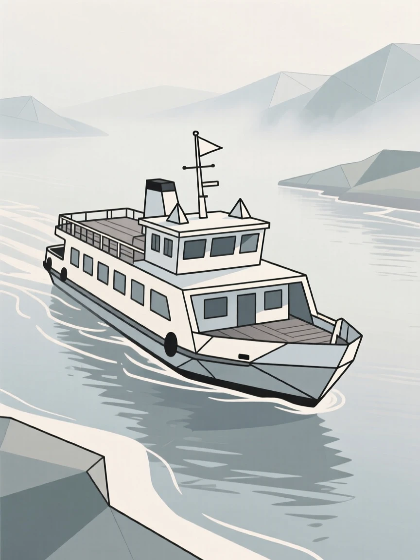 A ferry crossing a wide misty river