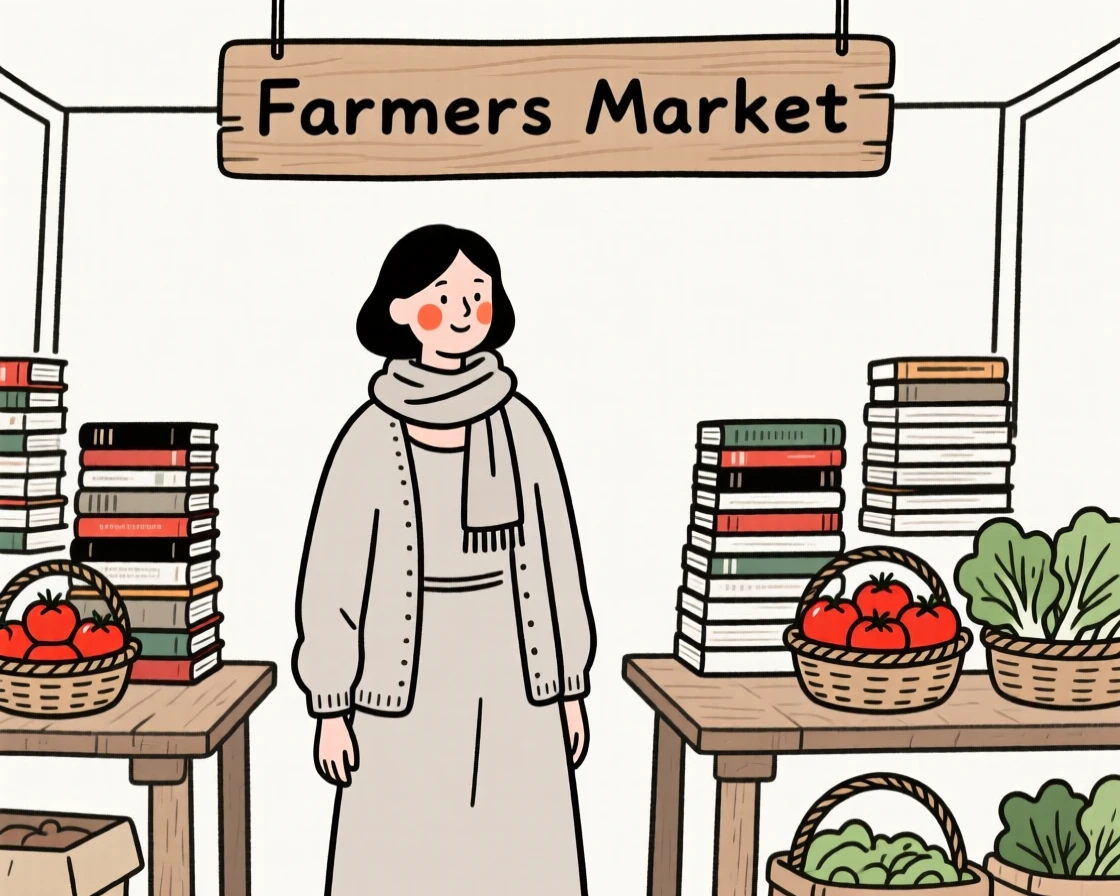 A librarian of russian heritage surrounded by books, exuding gentle warmth, at a countryside farmers market.