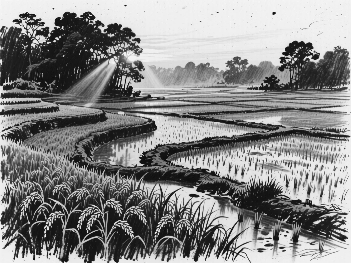 A quiet dawn over rice paddies with golden light streaming through the trees.