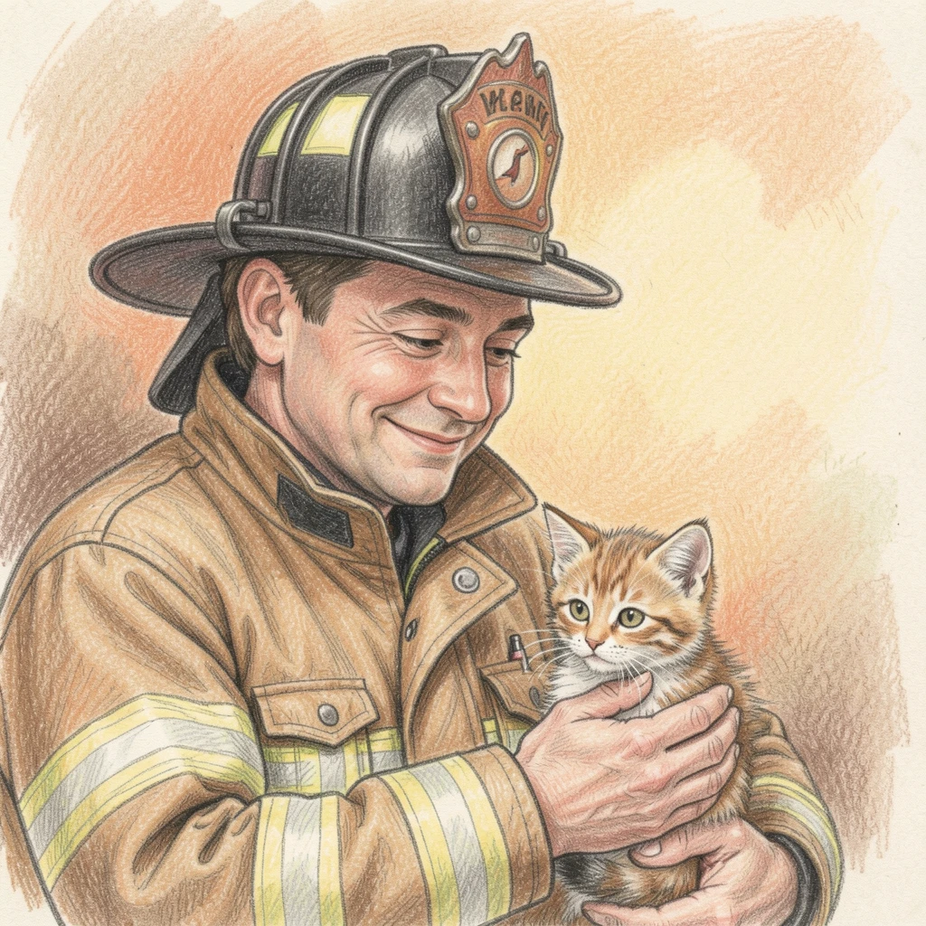 A firefighter sharing a quiet smile with a rescued kitten, with warm background tones that keep the focus on the subject, capturing a fleeting, deeply relatable moment.