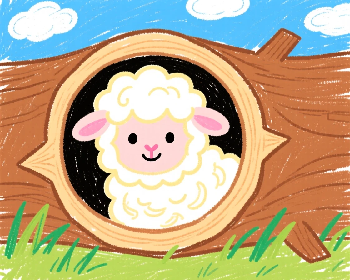 A woolly lamb peeking out from a hollow log.