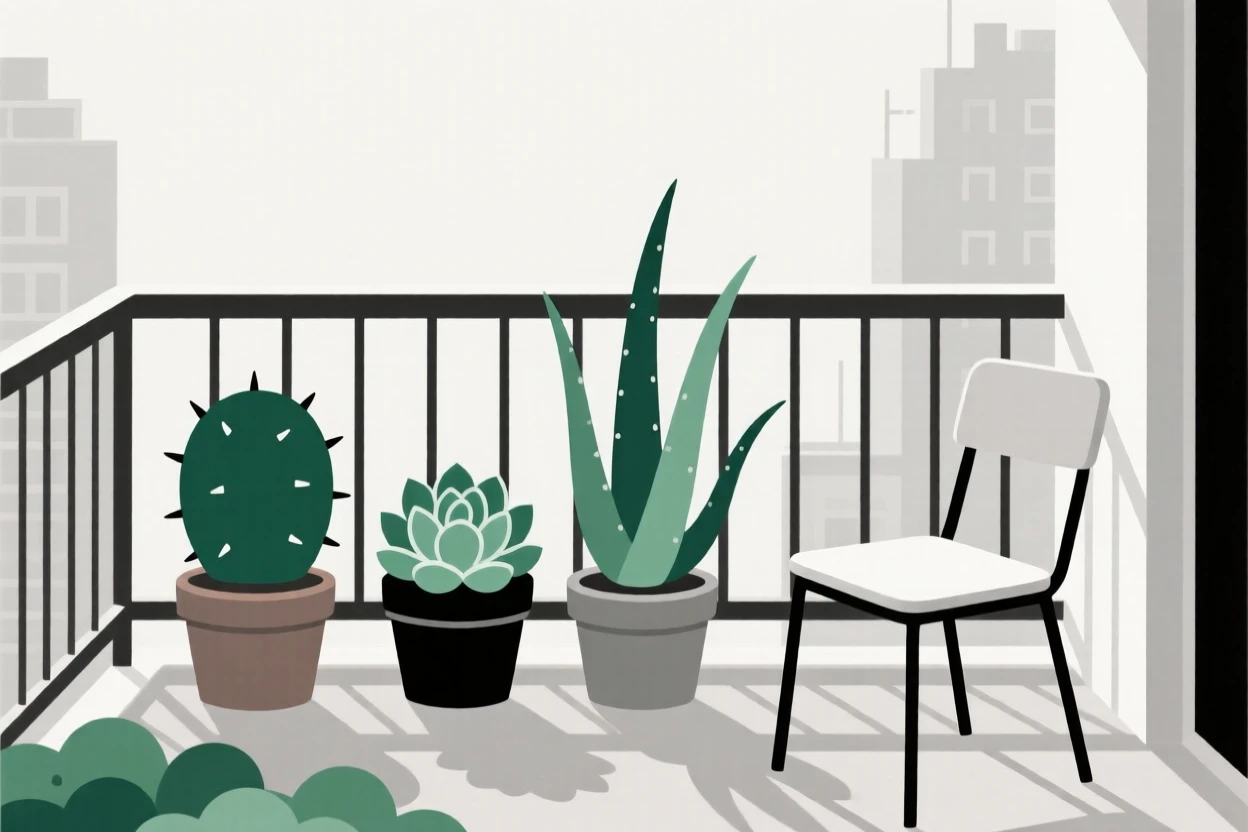 A cozy balcony garden filled with potted succulents, set in a small city loft, evoking gentle routine.