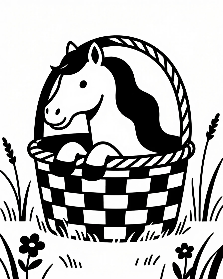 A pony in a meadow peeking out of a wicker basket.