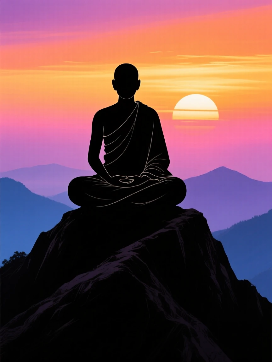 A monk sitting in quiet meditation on a mountaintop at sunrise.