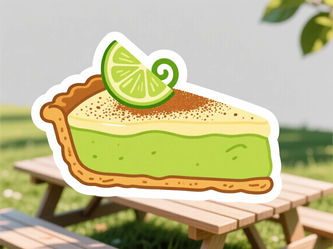 A colorful and vibrant slice of key lime pie with a lime twist, dusted with cinnamon on top, in a sunny outdoor picnic setting.