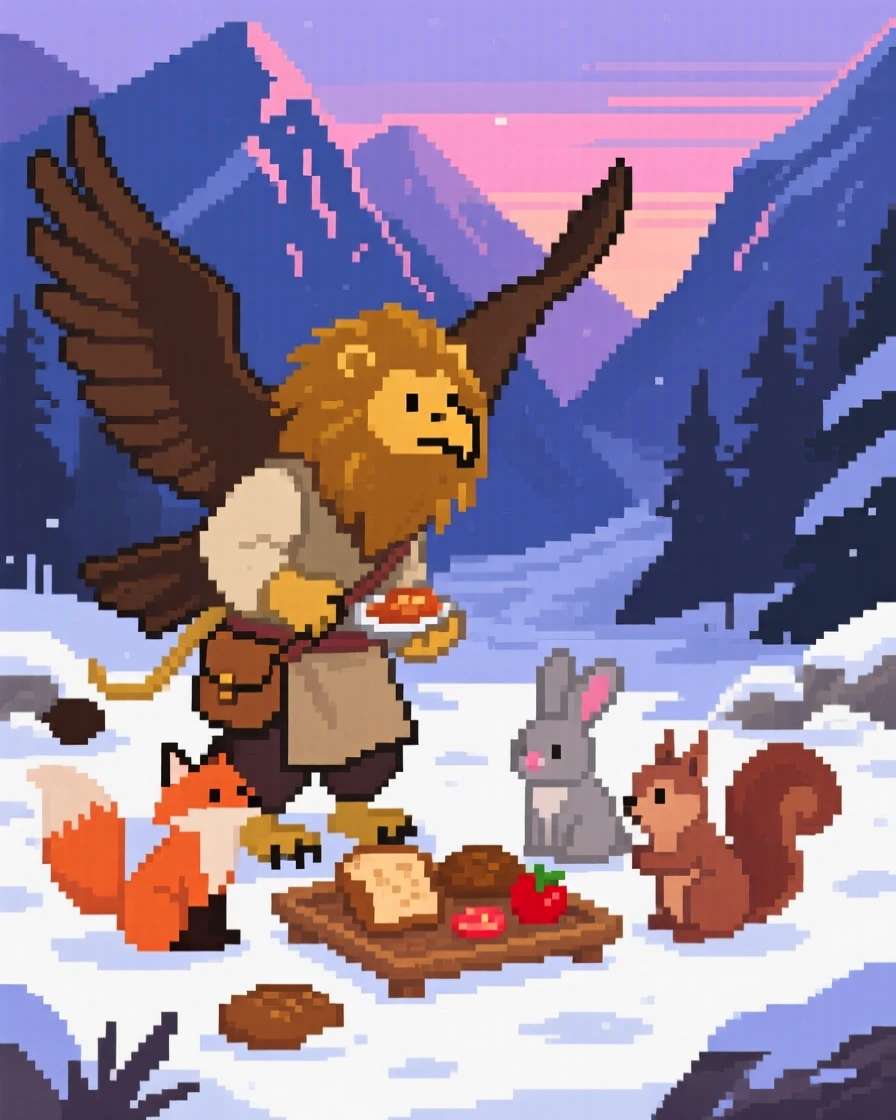 A wandering merchant griffin sharing a meal with woodland creatures, in a snowy mountain pass at dusk.