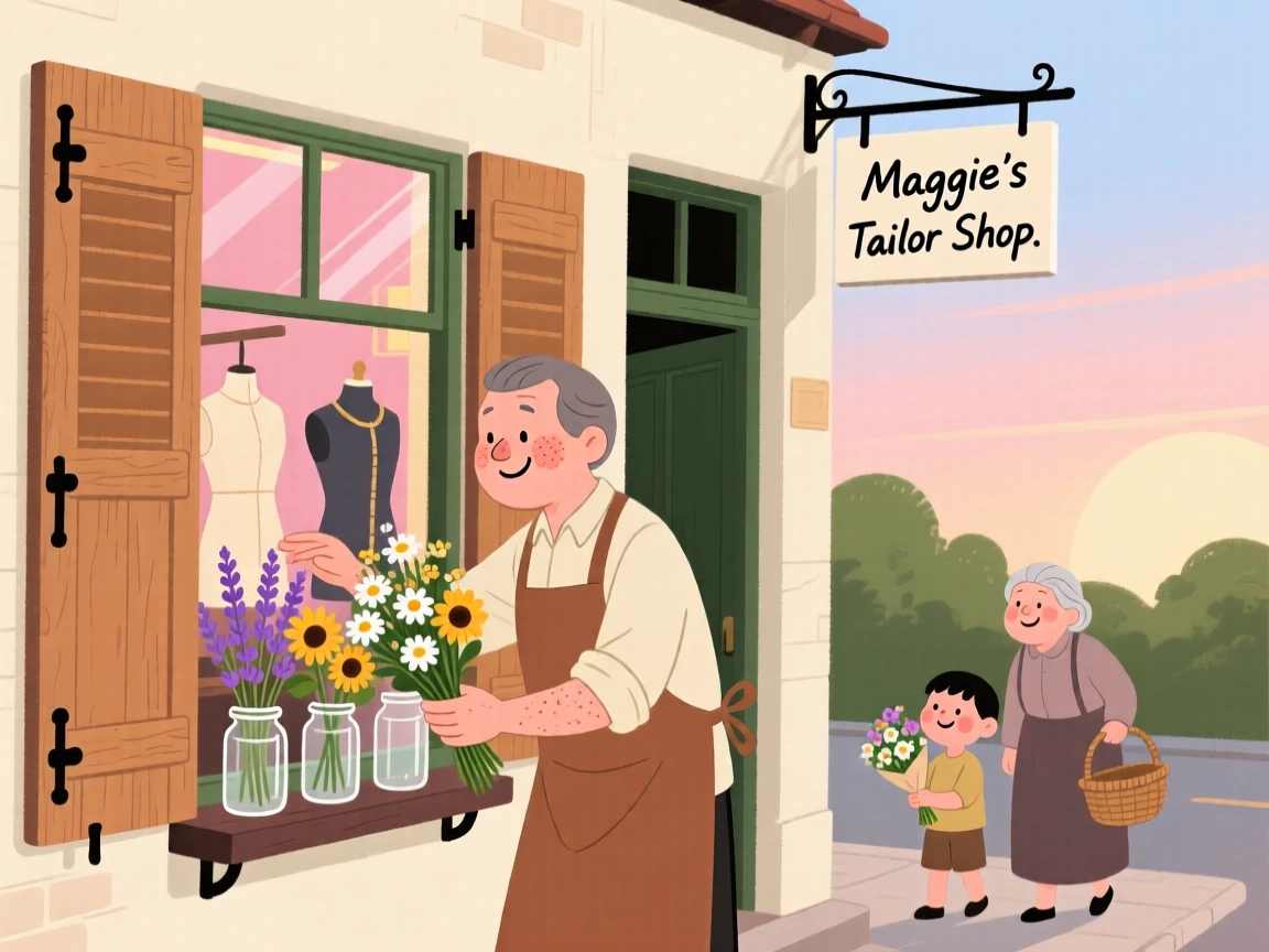 A baker opens the shutters of a small tailor's shop at dawn, arranging fresh bouquets in the window as the first customers approach.