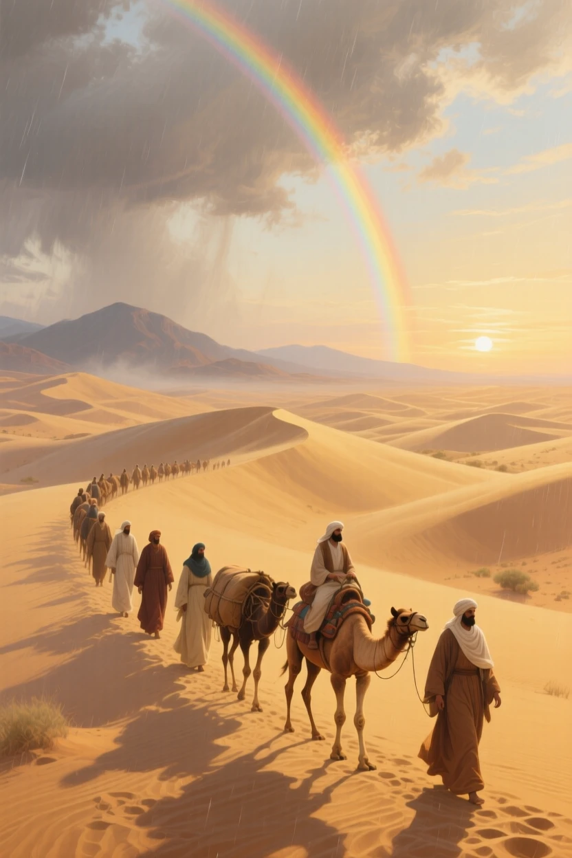 A grand panoramic scene of a caravan of travelers crossing golden dunes at sunset, at dawn, under a rainbow after a storm.