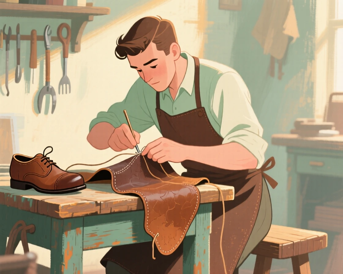A cobbler stitching leather at a small workshop bench
