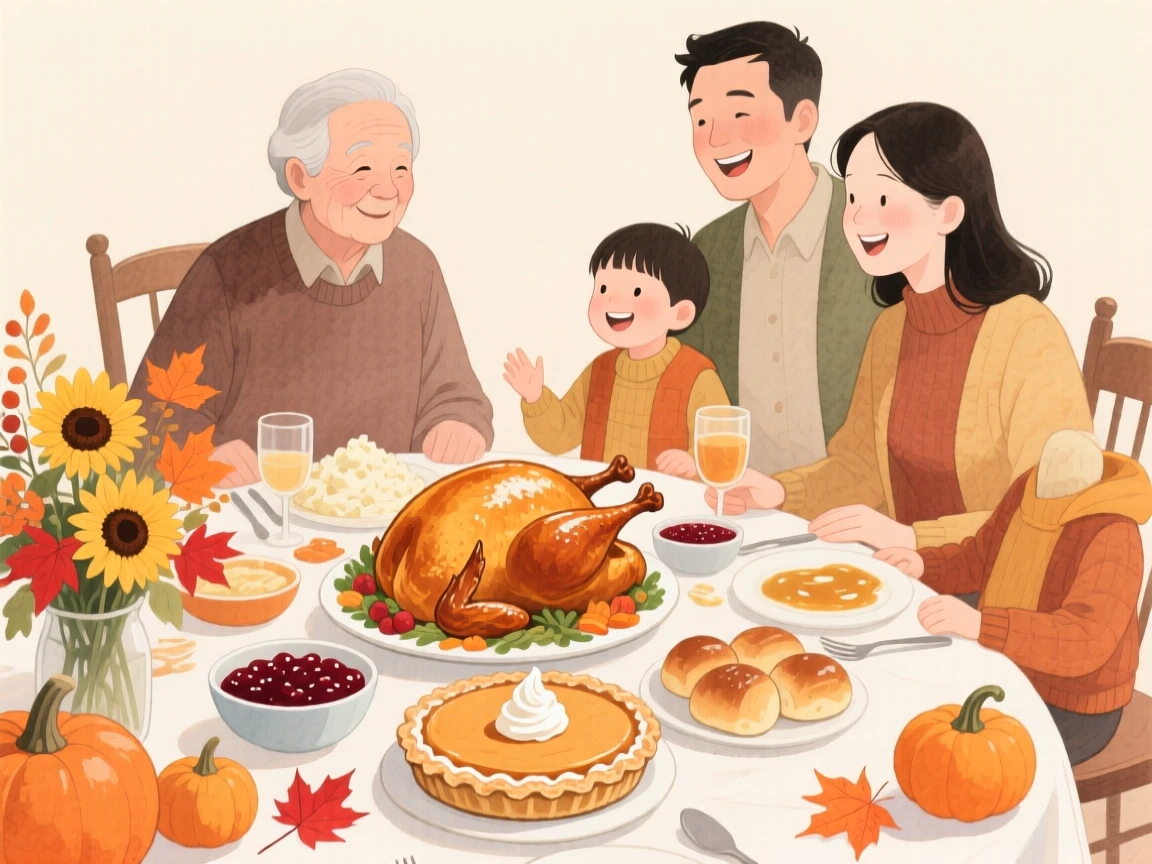 A family gathers around a Thanksgiving table laden with roast turkey, pumpkin pie, and autumn floral centerpieces