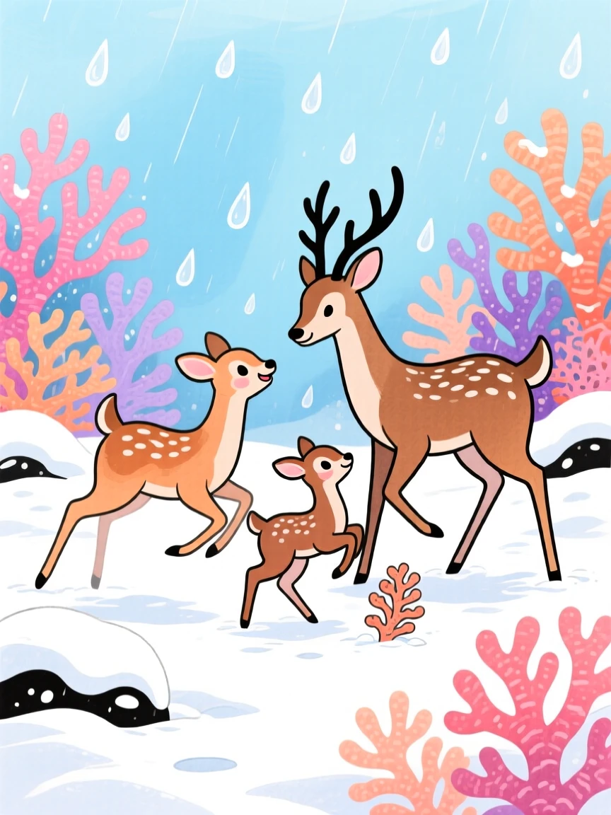 A family of deer in a snowy clearing playing joyfully in a coral reef during a gentle rain.