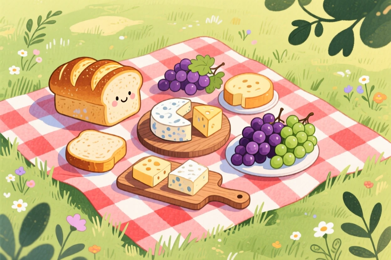 A picnic spread of fresh bread, cheese, and grapes on a checkered blanket, filled with the simple pleasure of good food and good company.