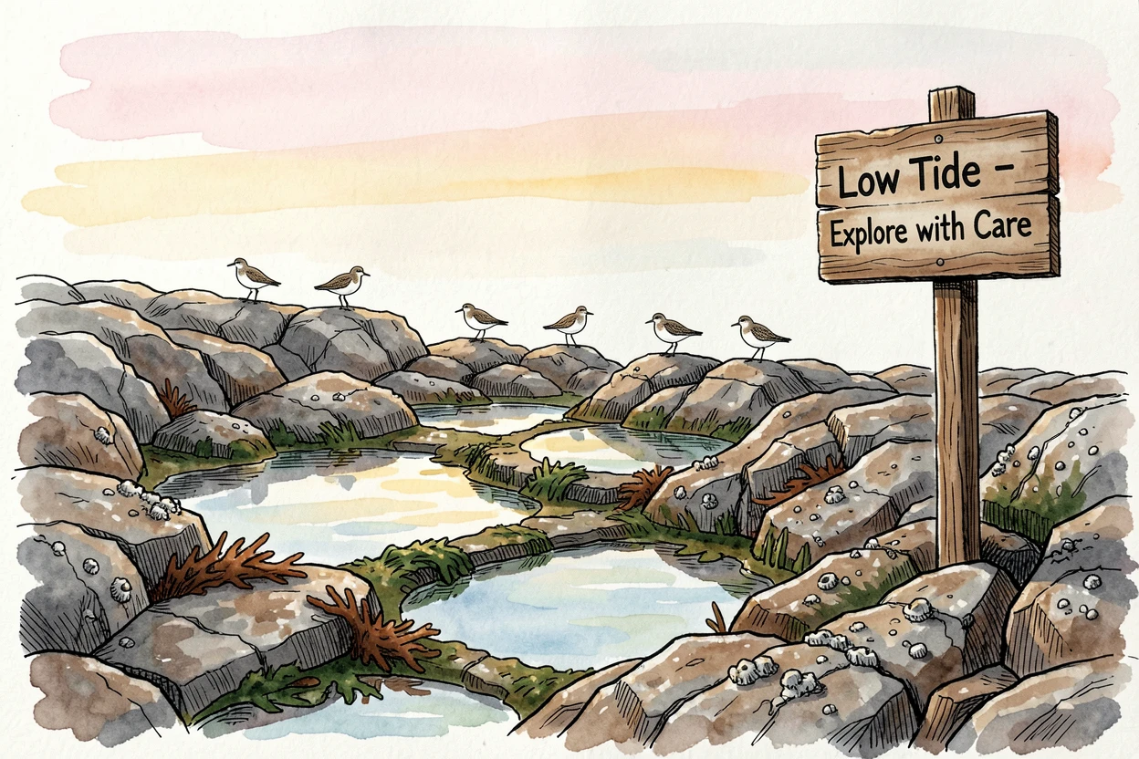 A rocky tidal shelf exposed at low tide and covered in tide pools, birdsong drifting through the stillness of early morning.