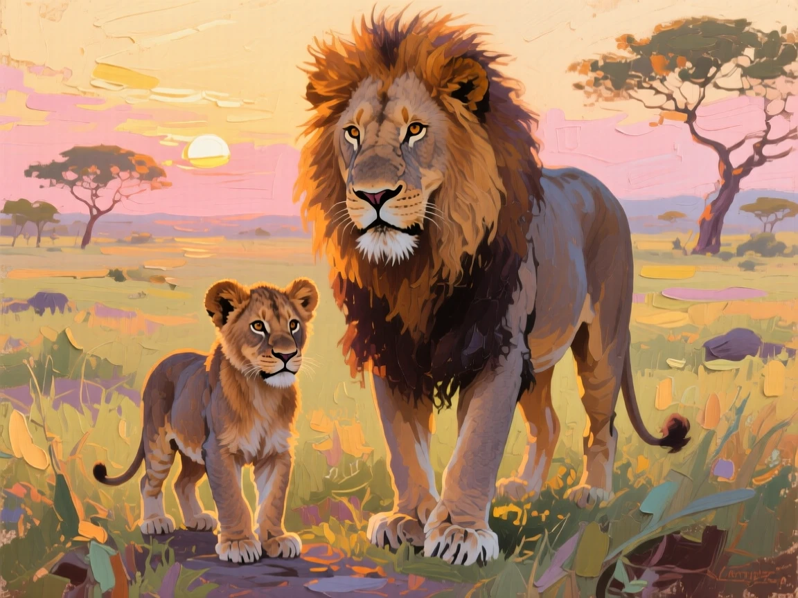 a young lion standing beside its mother, at dawn, from an inviting eye-level viewpoint.