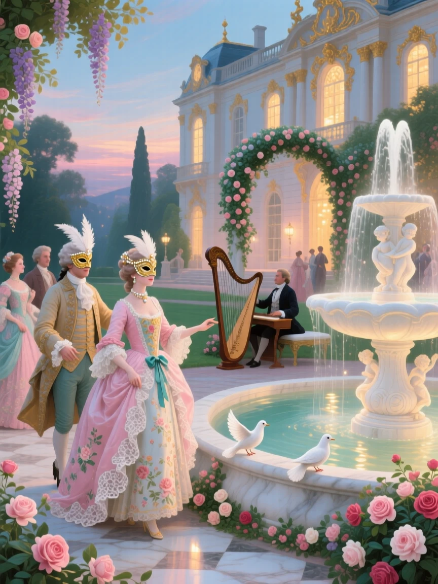 A summer masquerade beside a glowing palace fountain  