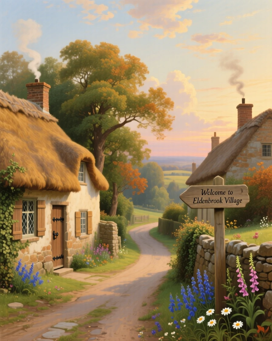 Thatched cottages line a quiet lane in a peaceful countryside village.