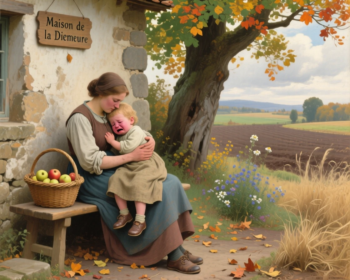 A mother comforting her crying toddler with a gentle embrace, as the changing season is reflected in the surrounding setting, offering a heartwarming glimpse into ordinary, meaningful moments