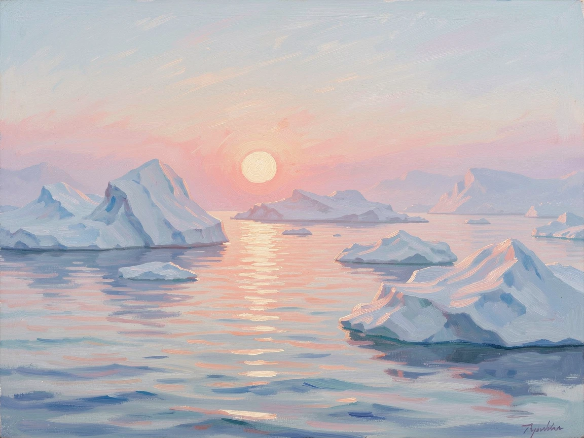 A dramatic view of icebergs floating in arctic waters, the low sun casting pink and orange light across the ice.