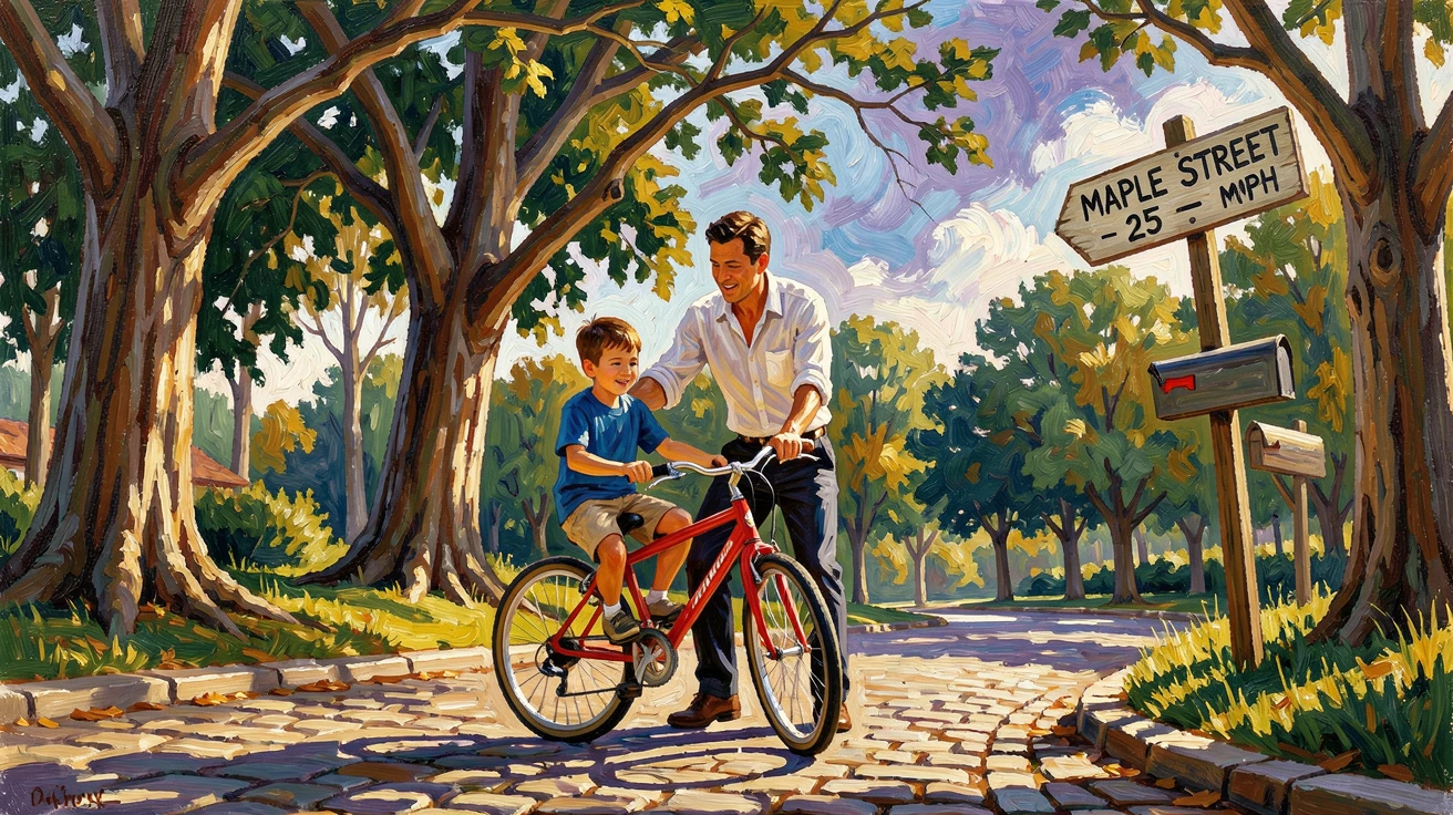 A young father teaching his son to ride a bicycle along a quiet tree-lined street.