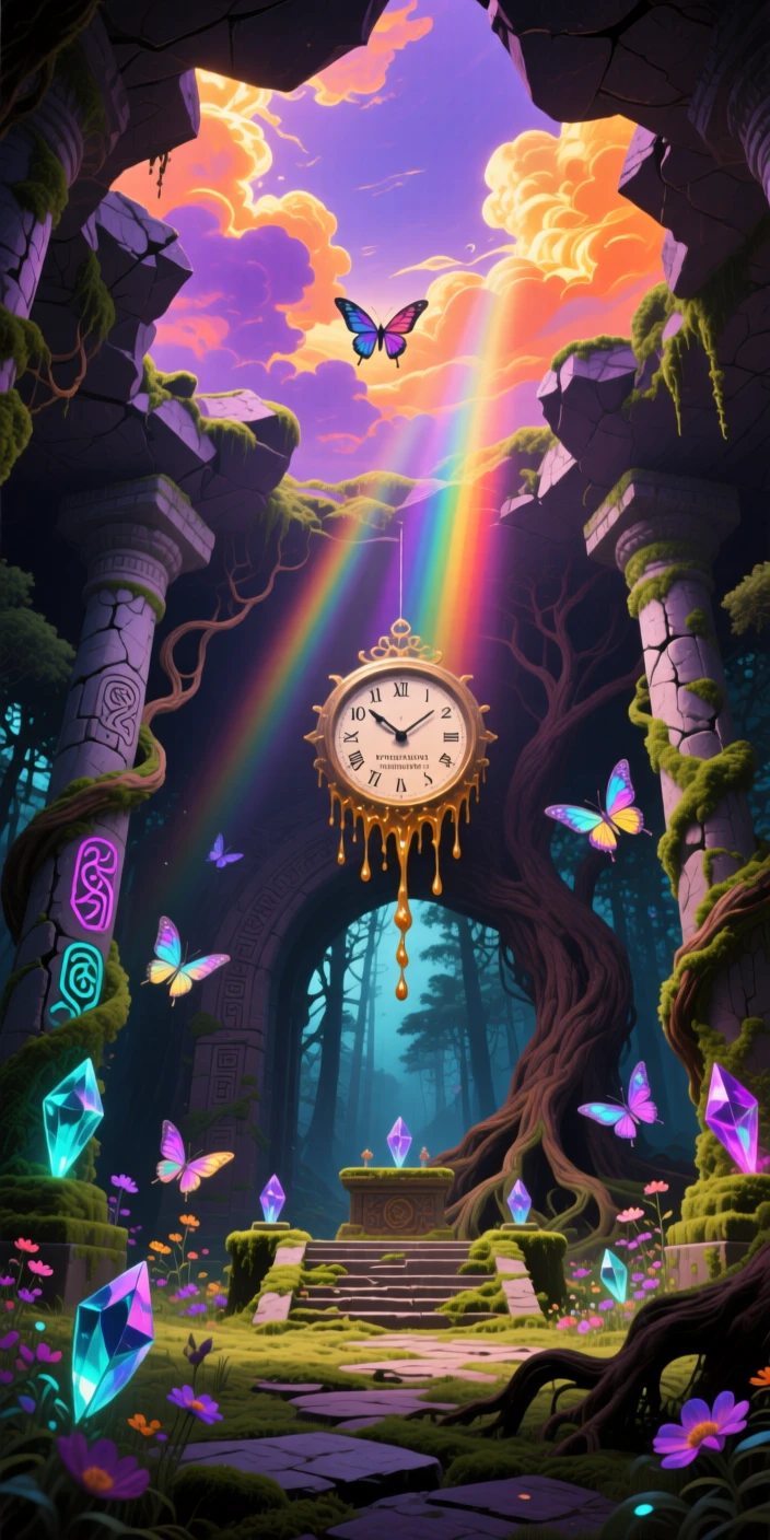 An ancient temple where light pours through a ceiling of open sky rests peacefully, reclaimed slowly by the surrounding forest, as moss and wildflowers creep gently across old stone.