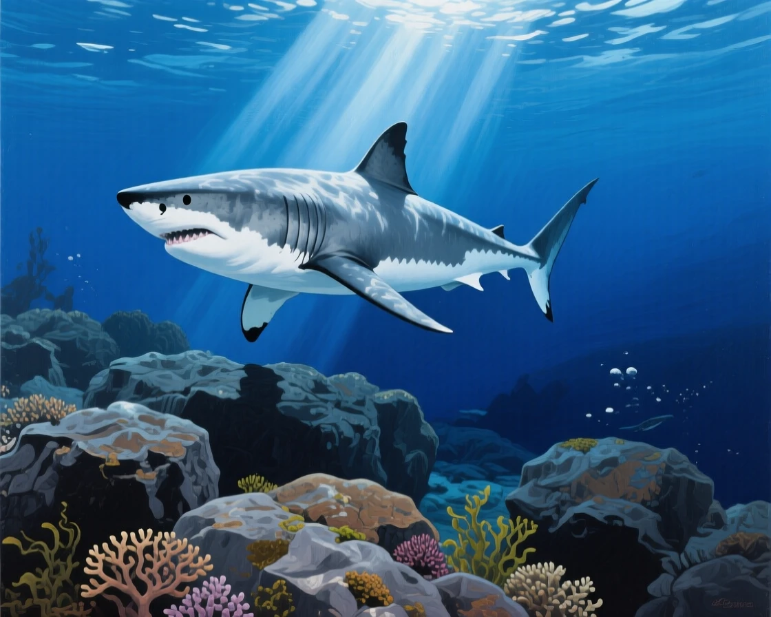 A great white shark cruises silently through deep blue water near a rocky reef, its powerful silhouette catching a shaft of sunlight from above, the scene suggesting a fleeting, candid moment rather than a posed encounter.