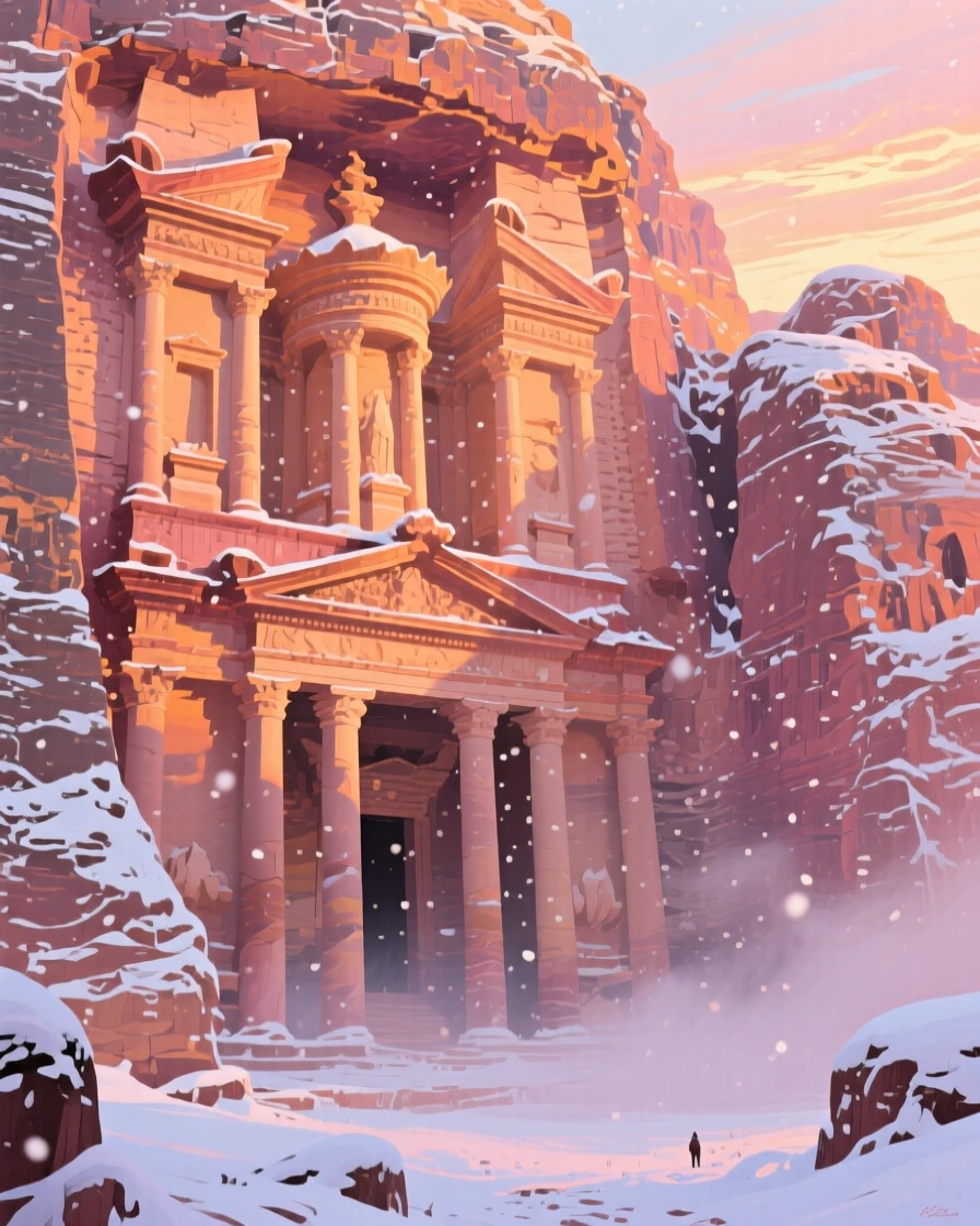 Petra's ancient facade glowing rose-gold at sunrise, as the first snow of winter begins to fall, a soft haze giving the scene a dreamlike quality