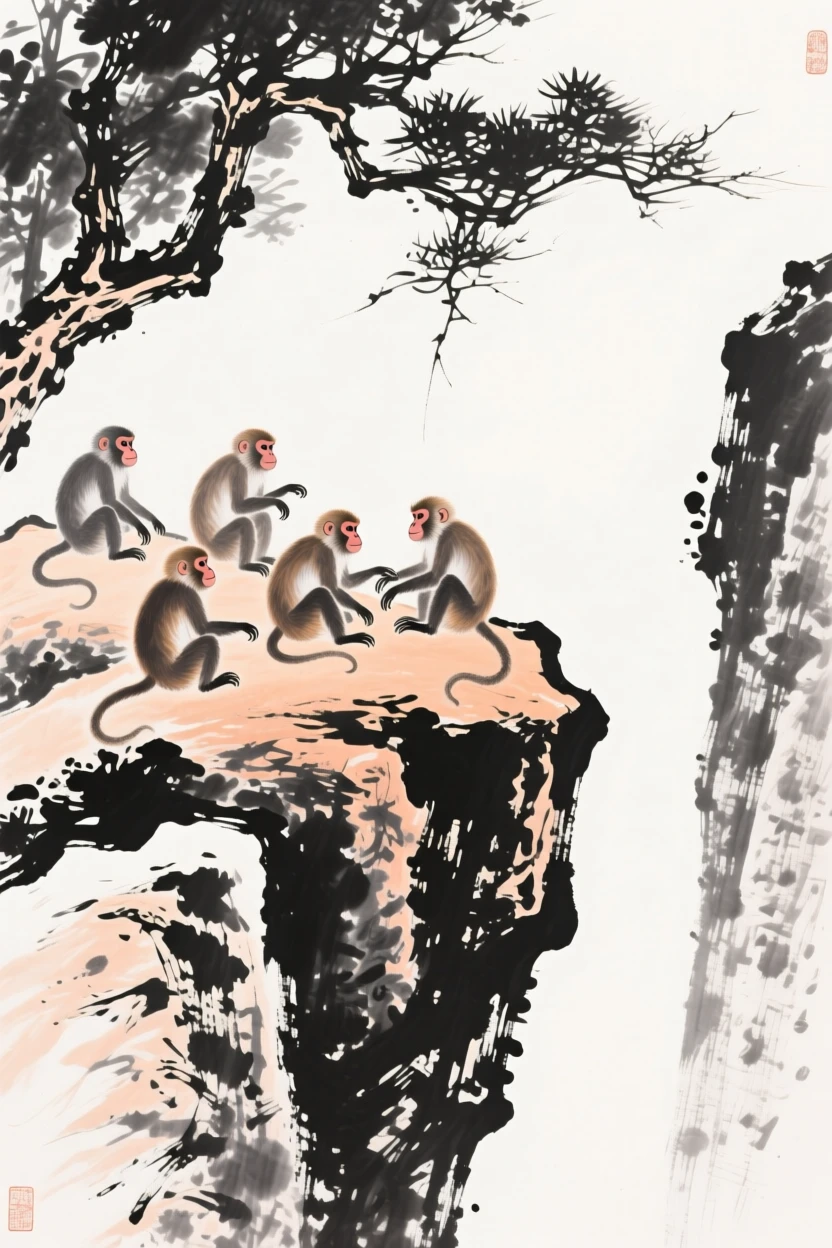 A group of monkeys rests on sun-warmed boulders above a gorge, as the afternoon sun filters through the trees.