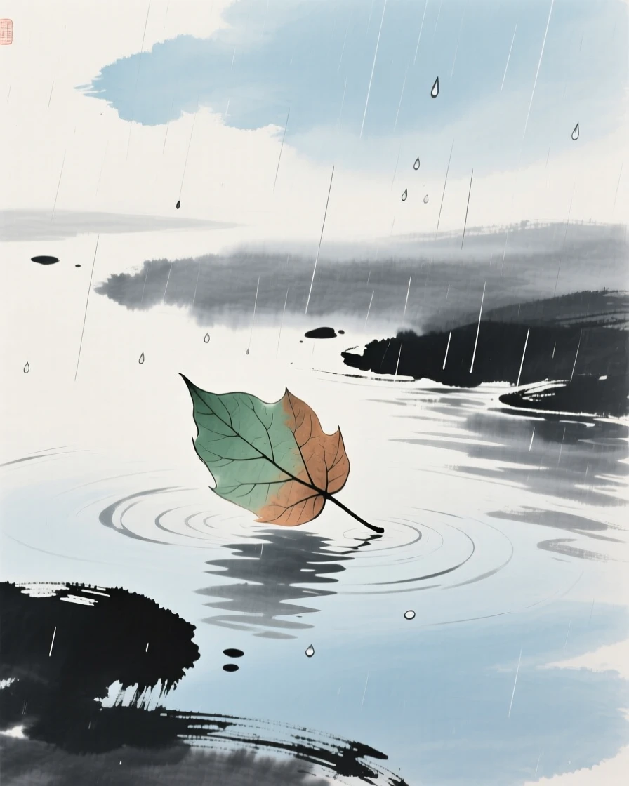A single leaf drifting slowly down a still stream, beneath a sky washed clean by rain, as summer rain begins to fall.