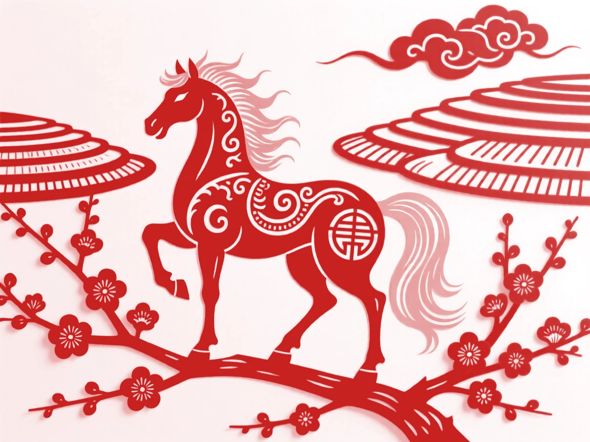 A silver-maned horse, perched on a blossoming branch at first light, set against a backdrop of distant terraced fields.