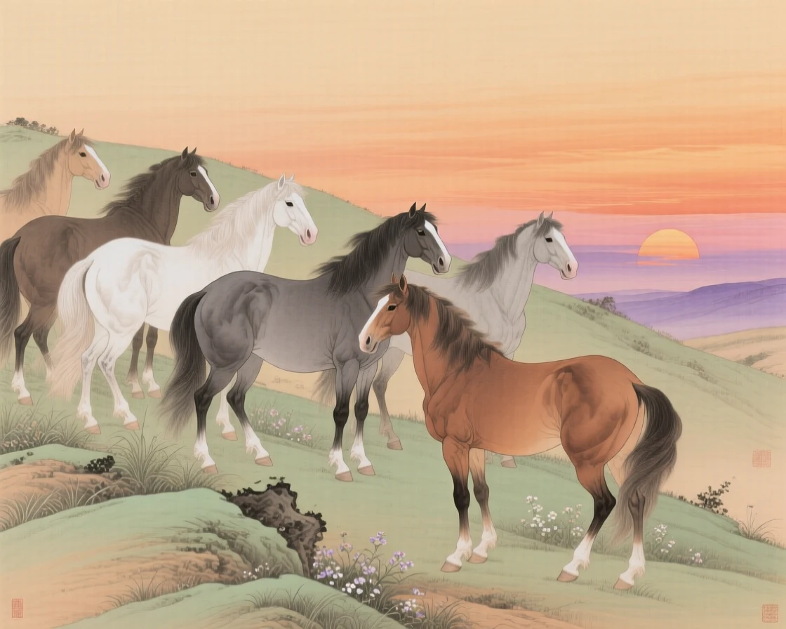 A herd of wild horses watching the sunset from a hillside