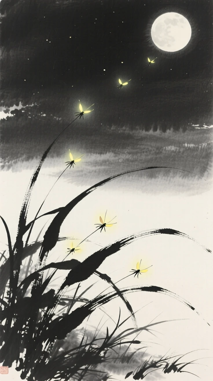 A soft glow of fireflies rising above a moonlit meadow, captured mid-motion with flowing, graceful lines, carrying a sense of magic woven into the natural world.