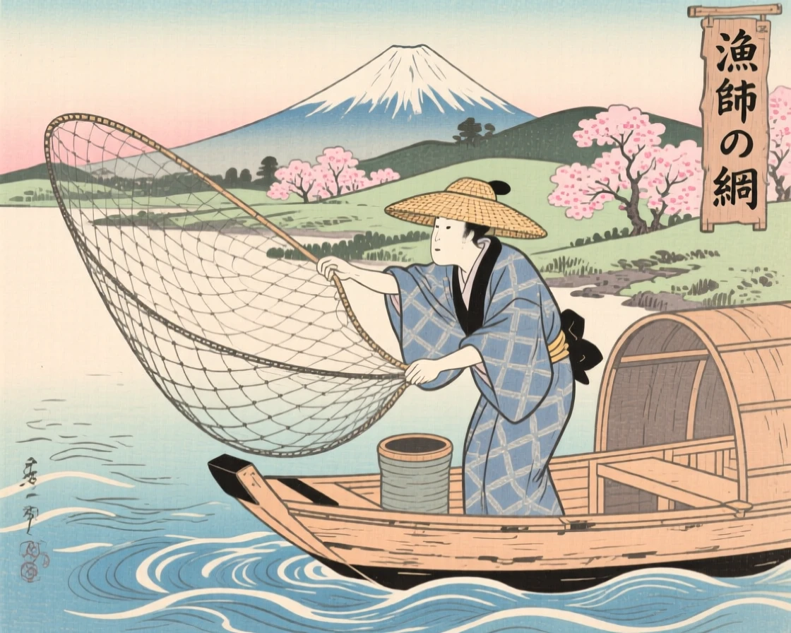 A potter casting a net from a small wooden boat.