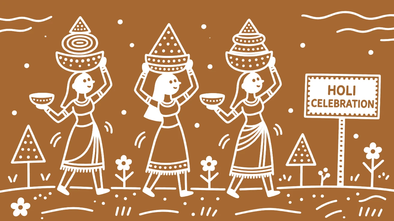Holi celebrated with women carrying decorated offerings on their heads.