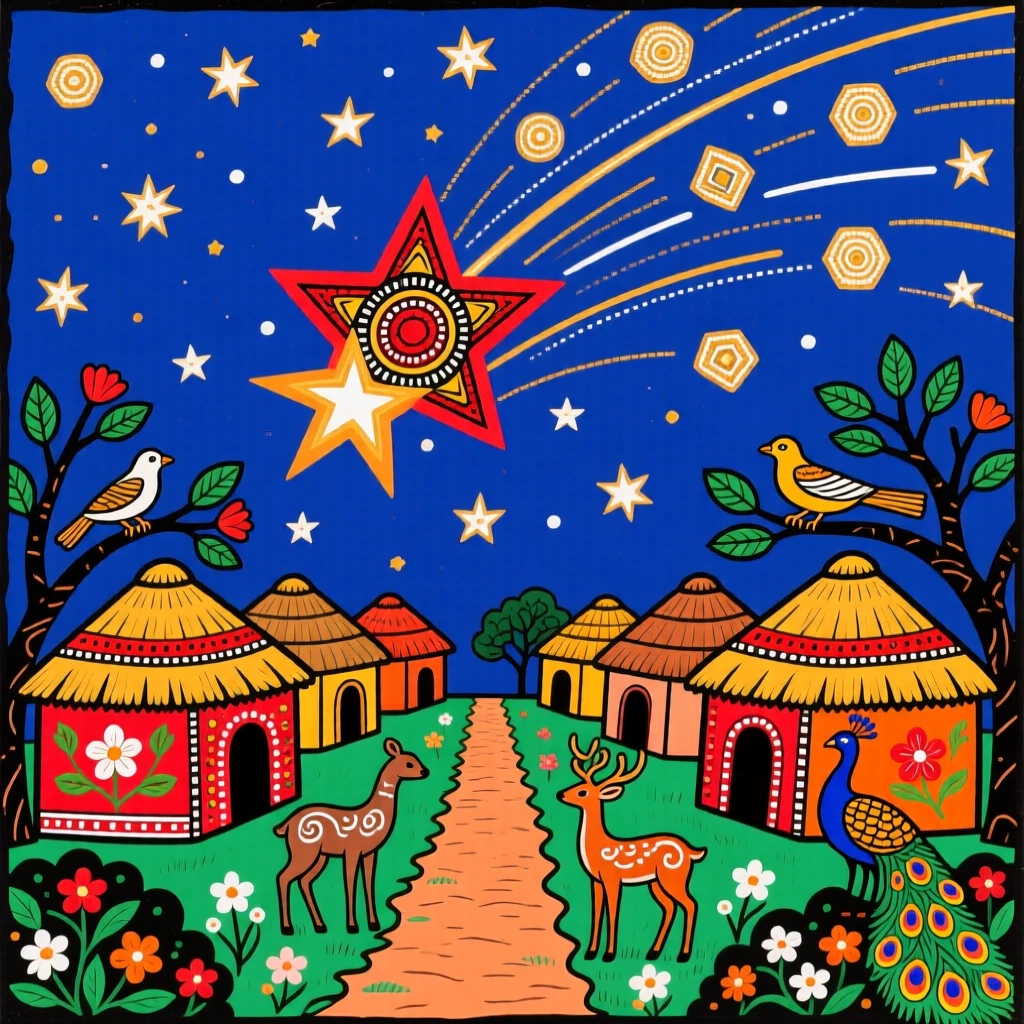 A shooting star streaking above a sleeping village at midnight.